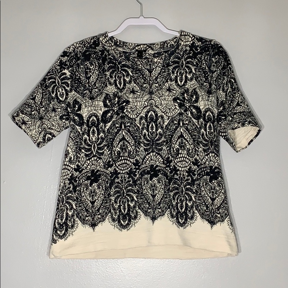 J. Crew Pullover Short Sleeve Ivory Black Parisian lace print shirt medium